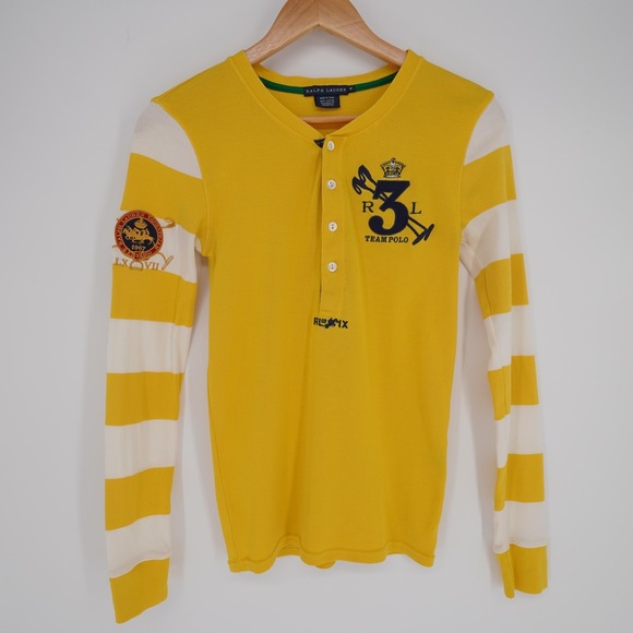 Ralph Lauren Womens Heney Shirt Sz M Yellow Embroidered Logo Striped Long Sleeve - Picture 11 of 12